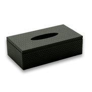 The 25 x 14 cm tissue cover whole, oval slot centred in a woven leather lid that sits proud of the body
