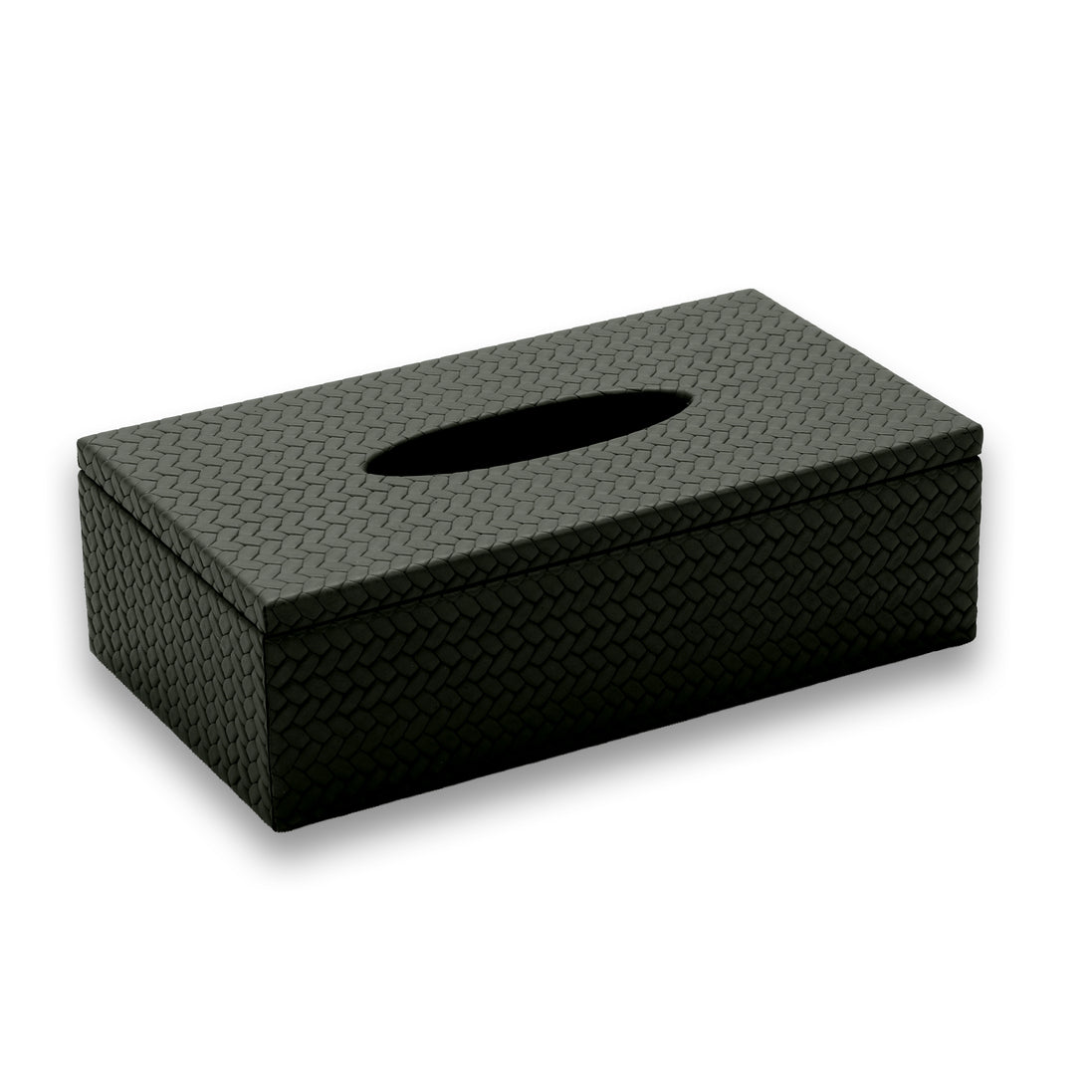 The 25 x 14 cm tissue cover whole, oval slot centred in a woven leather lid that sits proud of the body