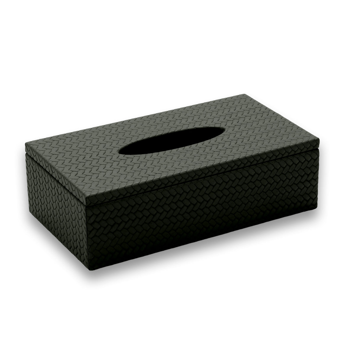 The 25 x 14 cm tissue cover whole, oval slot centred in a woven leather lid that sits proud of the body