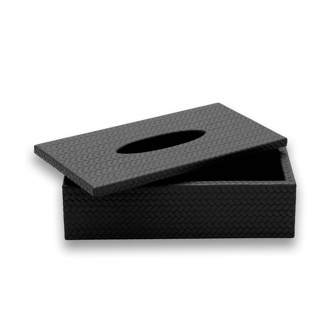 Black cover, the lid lifted clear to show the 7.5 cm deep woven leather box beneath