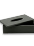 Dark grey-olive tissue cover 25 × 14 cm, lid slid off at an angle with the oval slot cut through it