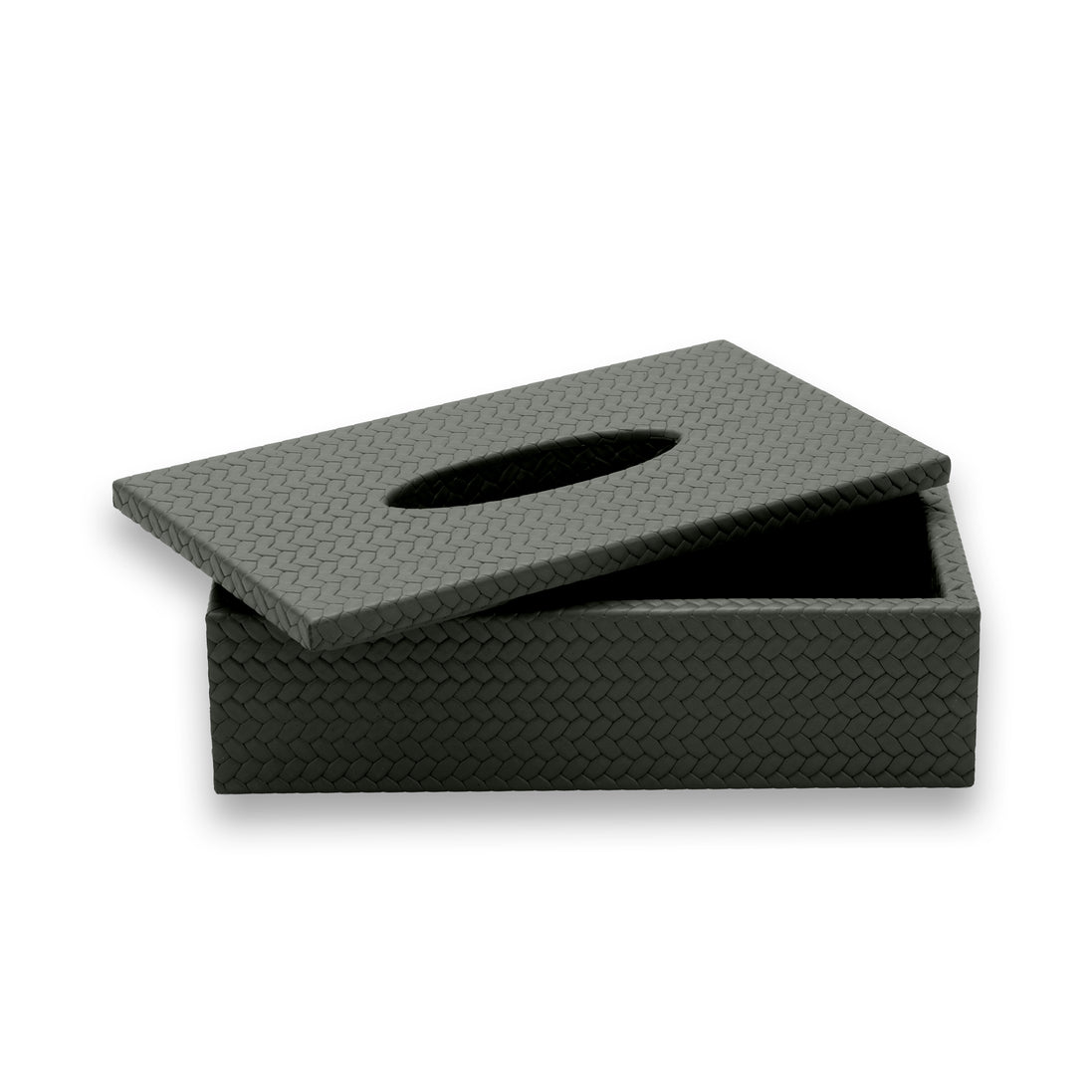 Dark grey-olive tissue cover 25 × 14 cm, lid slid off at an angle with the oval slot cut through it