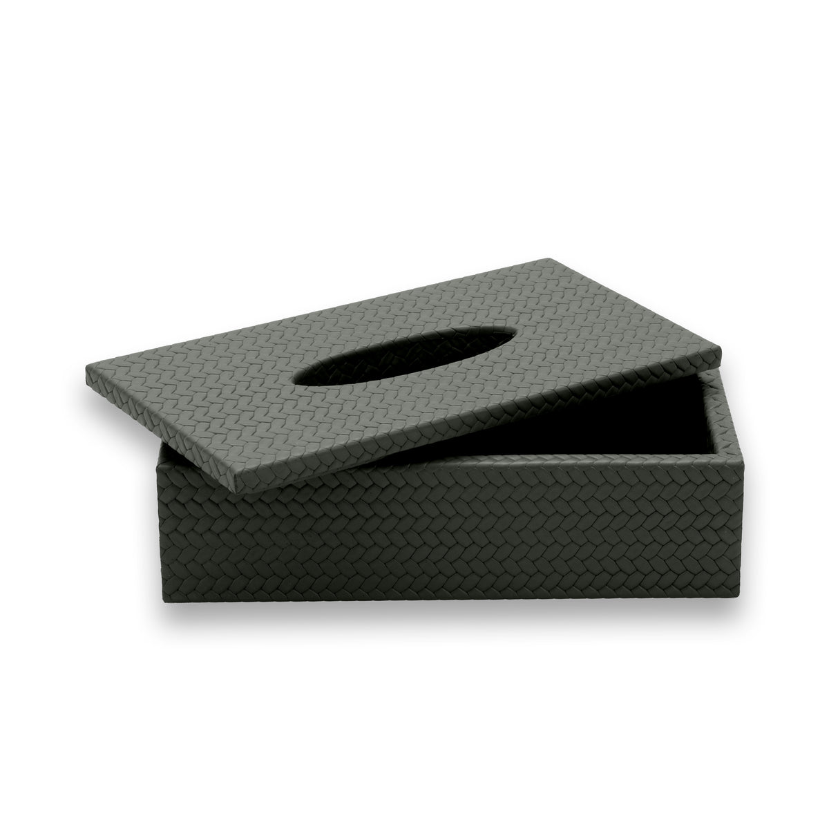 Dark grey-olive tissue cover 25 × 14 cm, lid slid off at an angle with the oval slot cut through it