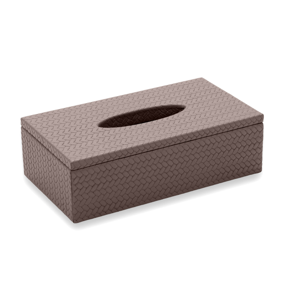 Taupe cover closed and square on, the oval slot centred in the 25 × 14 cm lid
