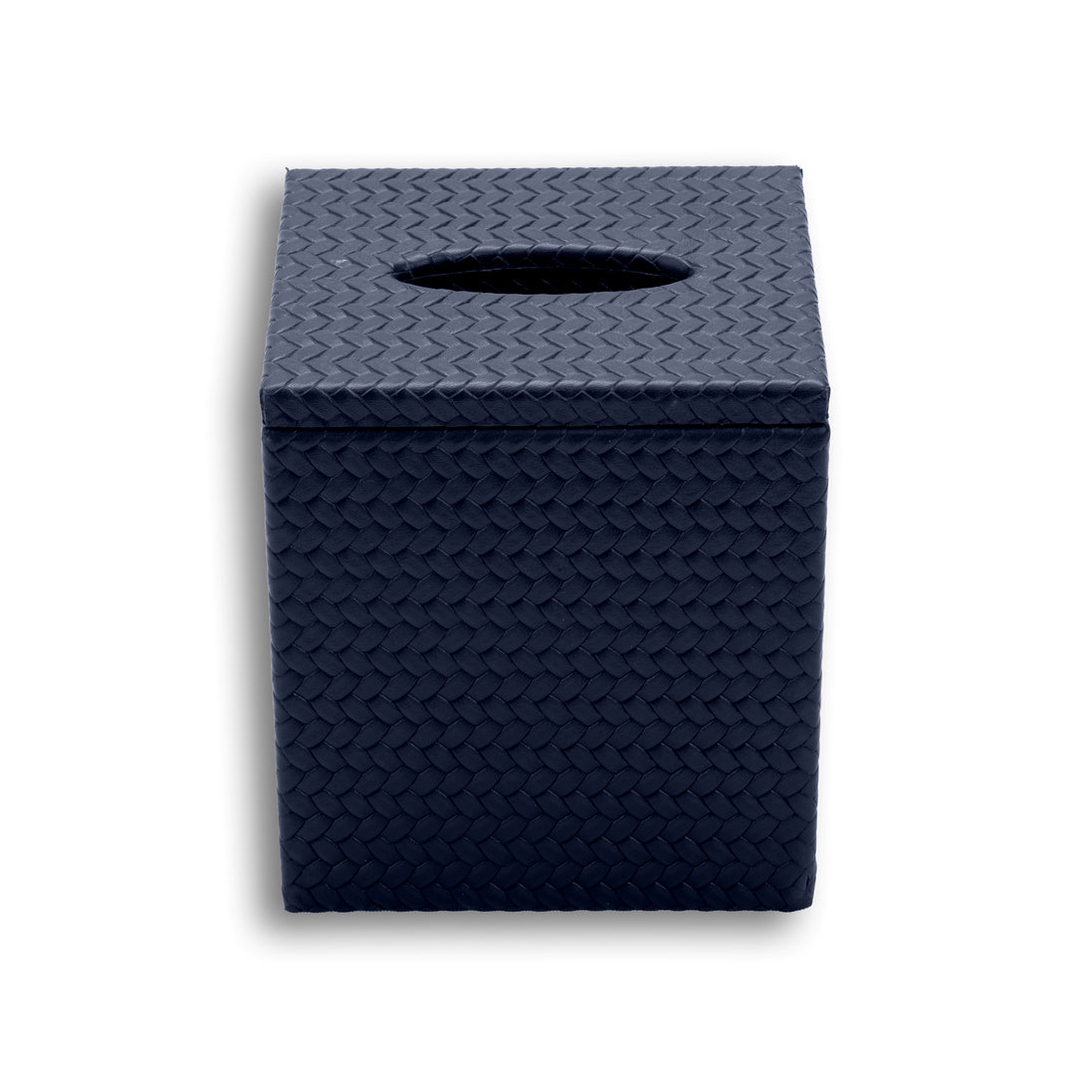 Navy cover square on, the lid overhanging the 12 cm depth by a fine margin