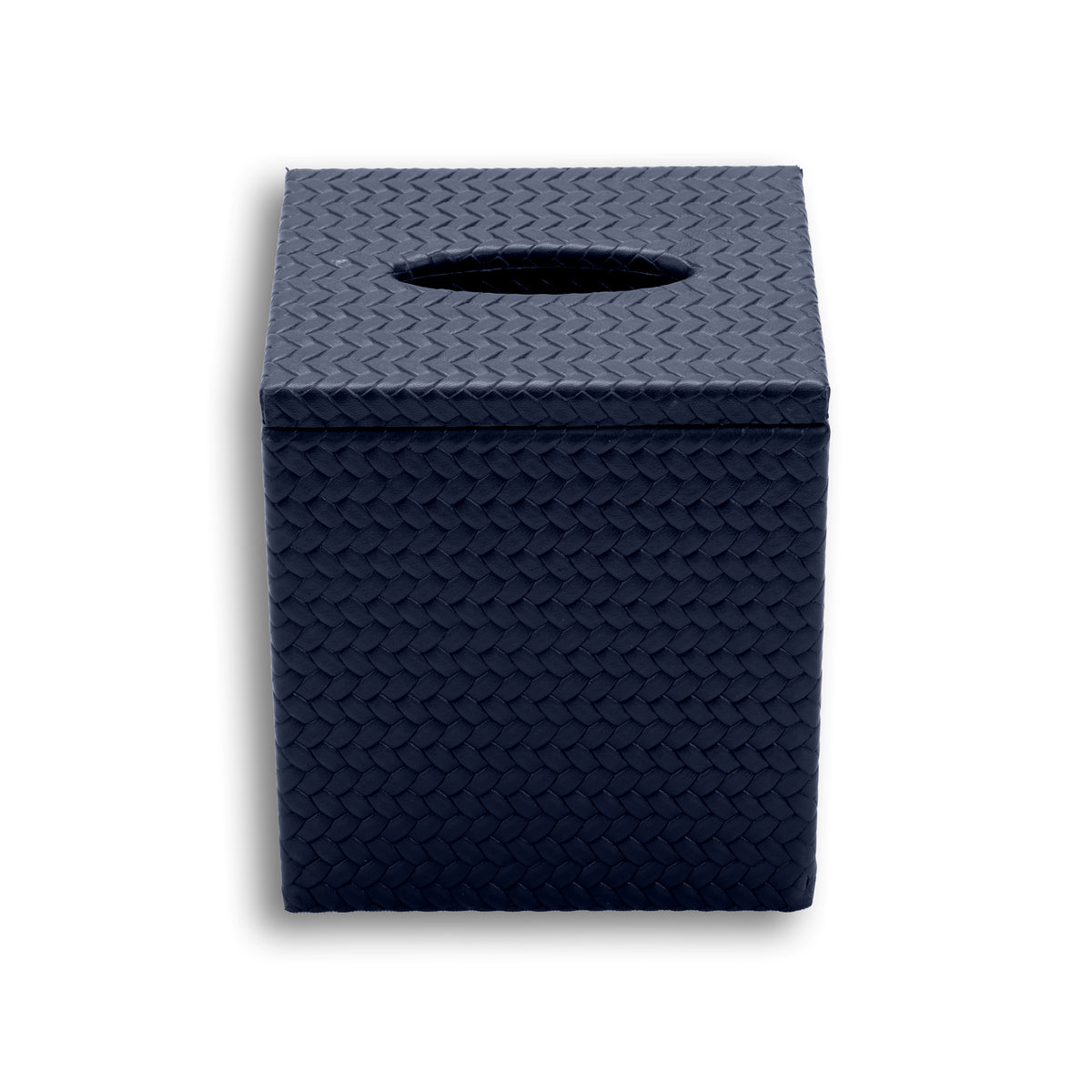 Navy cover square on, the lid overhanging the 12 cm depth by a fine margin