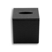 Black cover 15.5 cm tall, the lid seam running level around the woven leather body