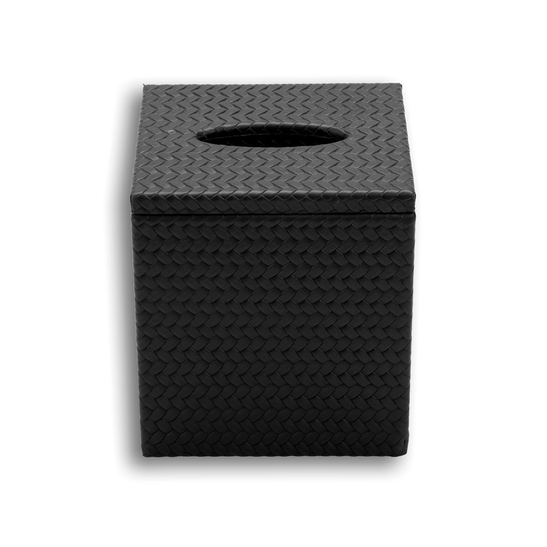 Black cover 15.5 cm tall, the lid seam running level around the woven leather body