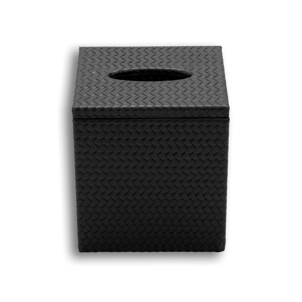 Black cover 15.5 cm tall, the lid seam running level around the woven leather body