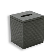 The tissue cover in full, 15.5 cm tall, the lid seam running level around the woven leather box