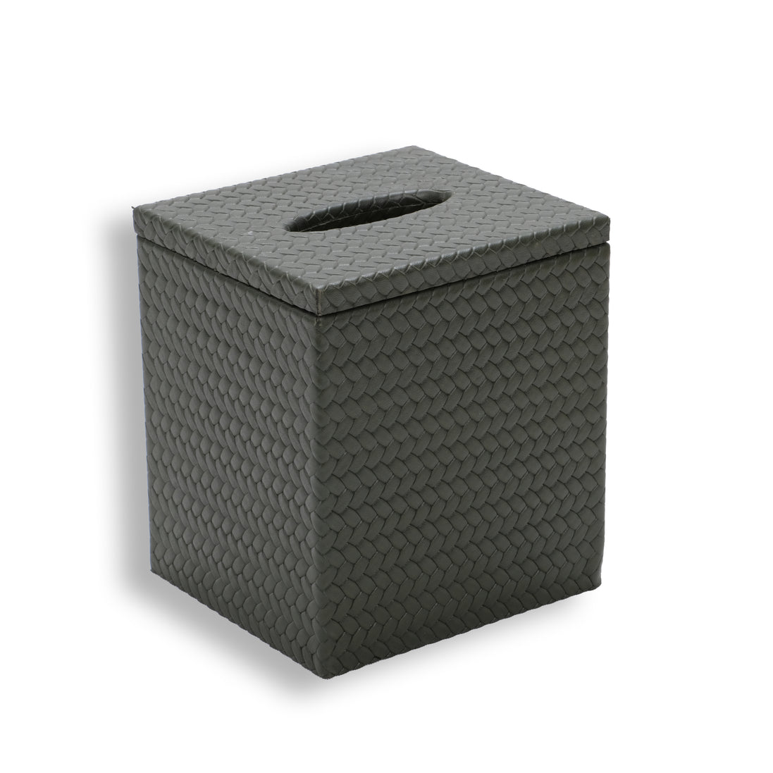 The tissue cover in full, 15.5 cm tall, the lid seam running level around the woven leather box