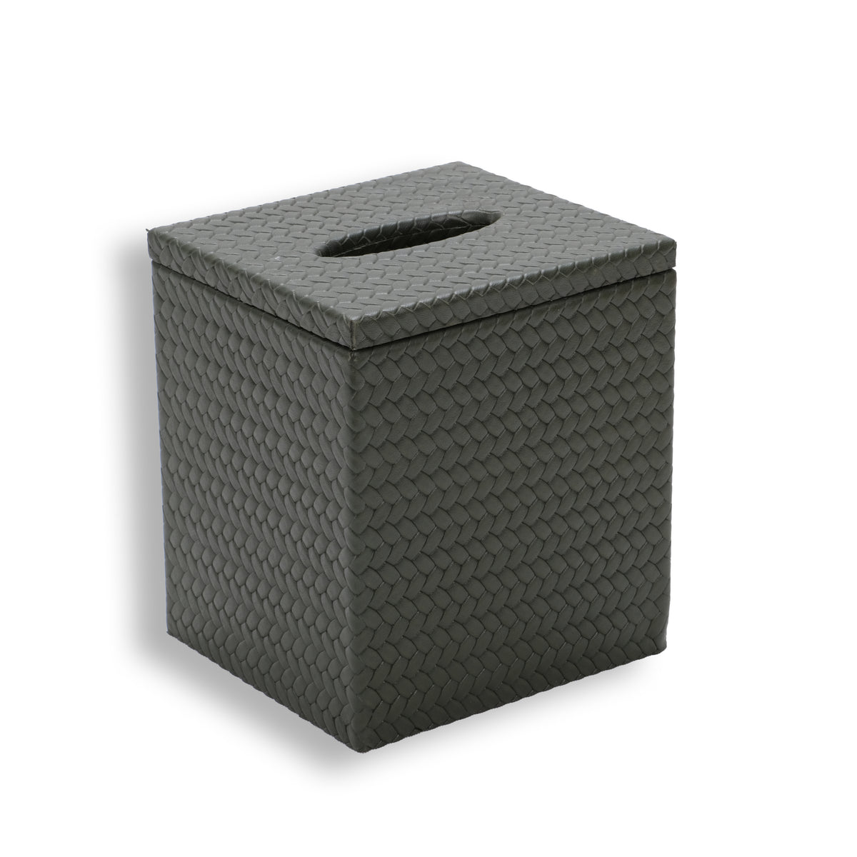 The tissue cover in full, 15.5 cm tall, the lid seam running level around the woven leather box