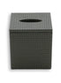 Dark grey-olive tissue cover, an oval slot cut through the lid of the 14 × 12 cm box