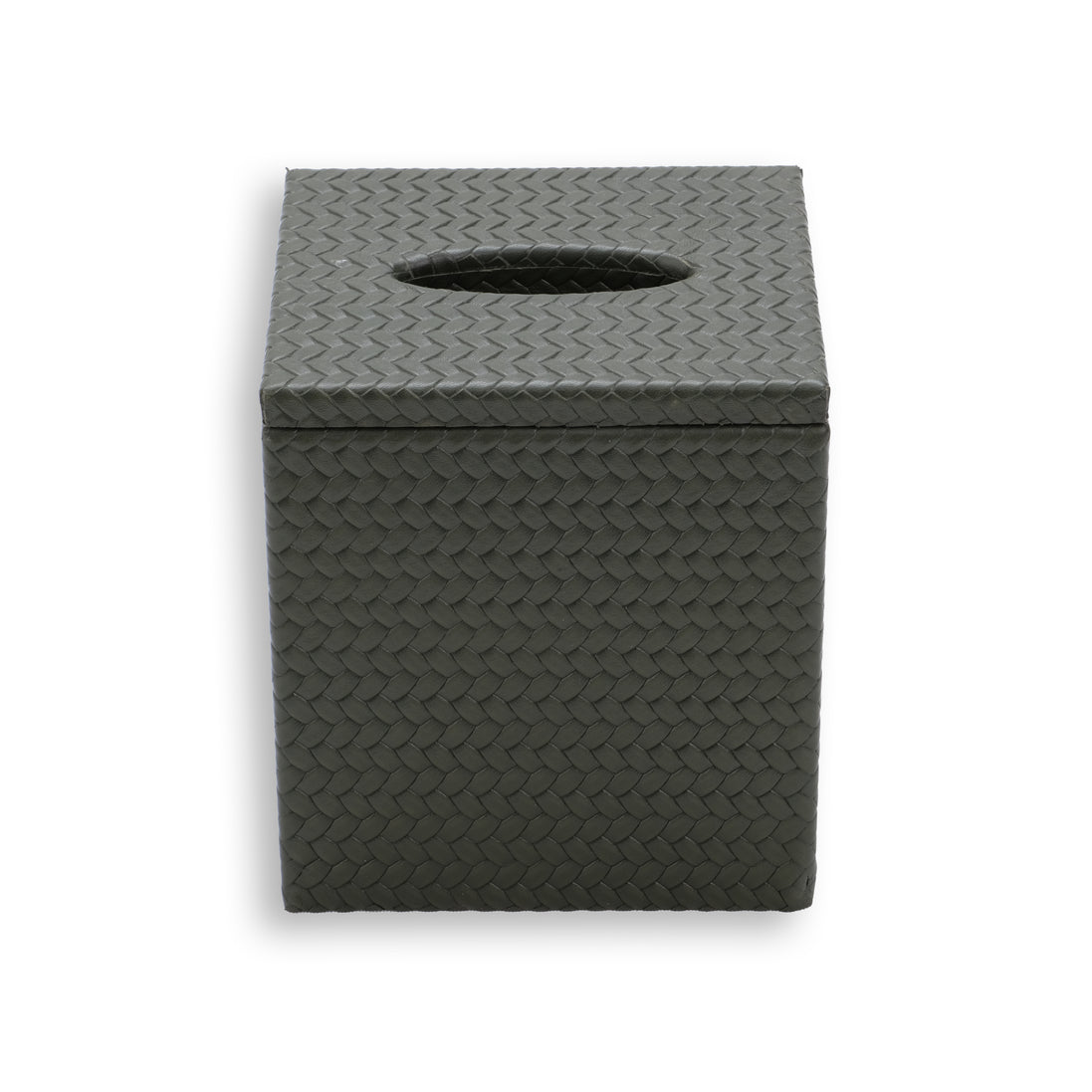 Dark grey-olive tissue cover, an oval slot cut through the lid of the 14 × 12 cm box