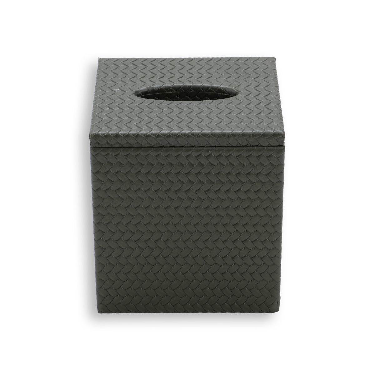 Dark grey-olive tissue cover, an oval slot cut through the lid of the 14 × 12 cm box