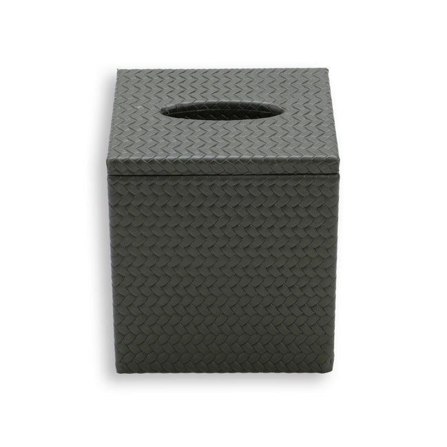 Dark grey-olive tissue cover, an oval slot cut through the lid of the 14 × 12 cm box