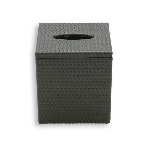 Dark grey-olive tissue cover, an oval slot cut through the lid of the 14 × 12 cm box