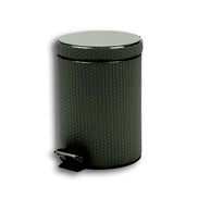 Dark olive khaki 6 litre pedal bin, lid shut with the chrome pedal projecting at the foot