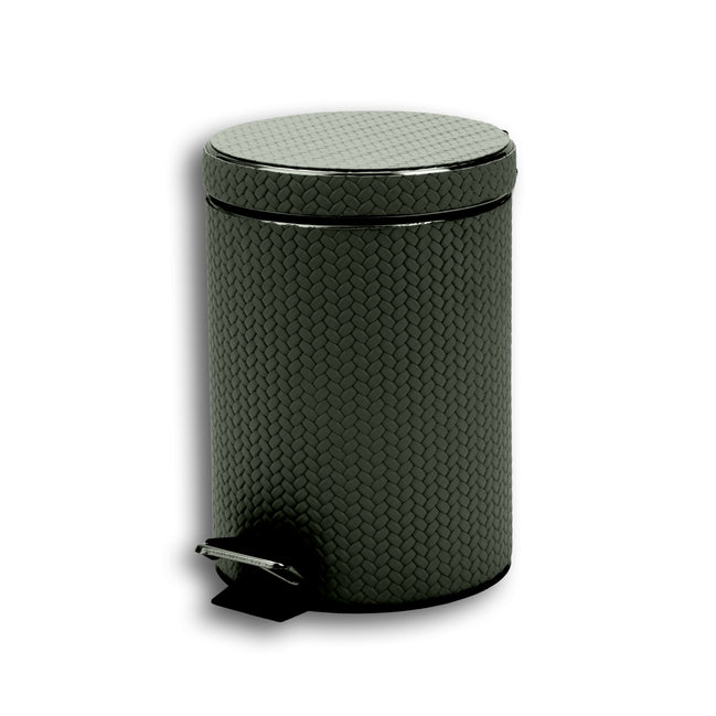 Dark olive khaki 6 litre pedal bin, lid shut with the chrome pedal projecting at the foot