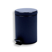 Navy bin from three-quarters, the woven emboss wrapping the full 18 cm diameter
