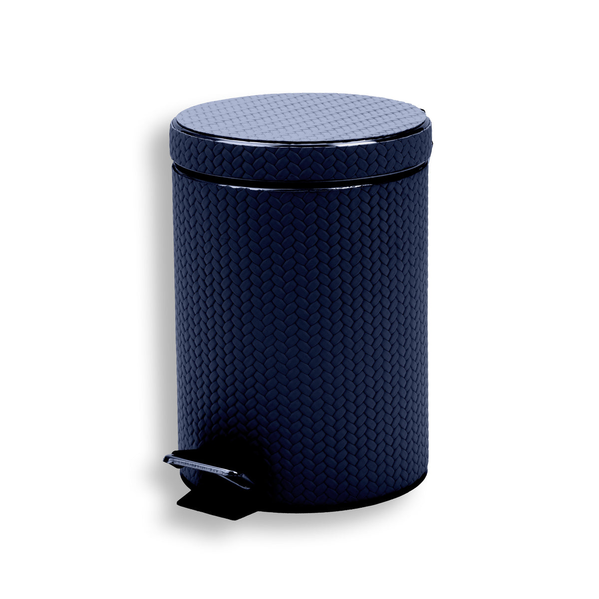 Navy bin from three-quarters, the woven emboss wrapping the full 18 cm diameter