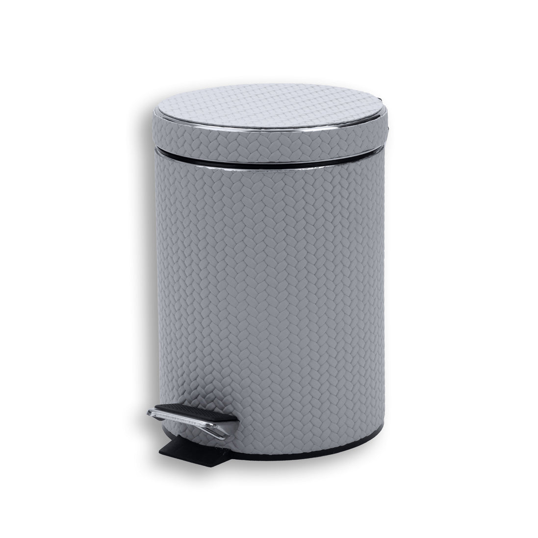 Grey pedal bin, the lid rim catching light above the leather-covered 6 litre body