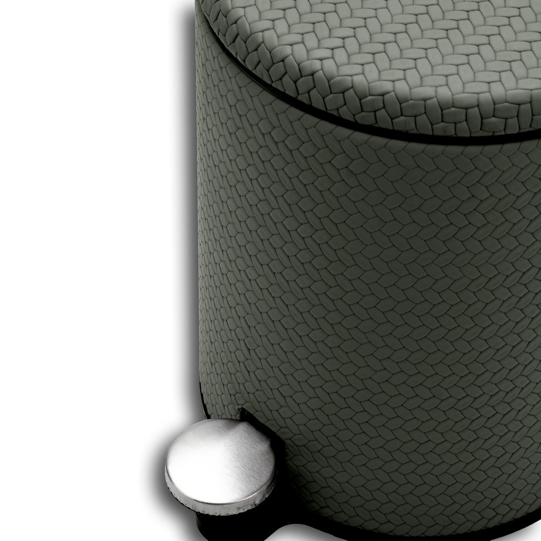 Grey woven leather waste bin, brushed steel pedal at the foot of the 18 cm wide body