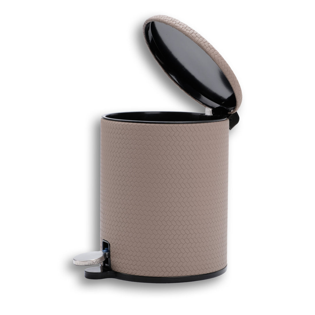 Taupe bin with the lid tipped fully open, the black liner showing inside the 18 cm mouth