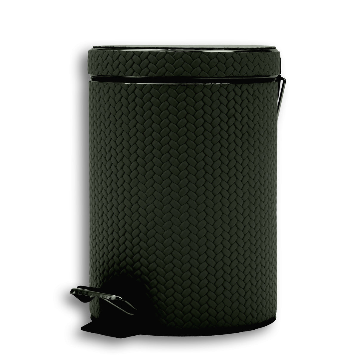 The 6 litre pedal bin whole, 26 cm tall in dark olive woven leather, steel pedal at the base