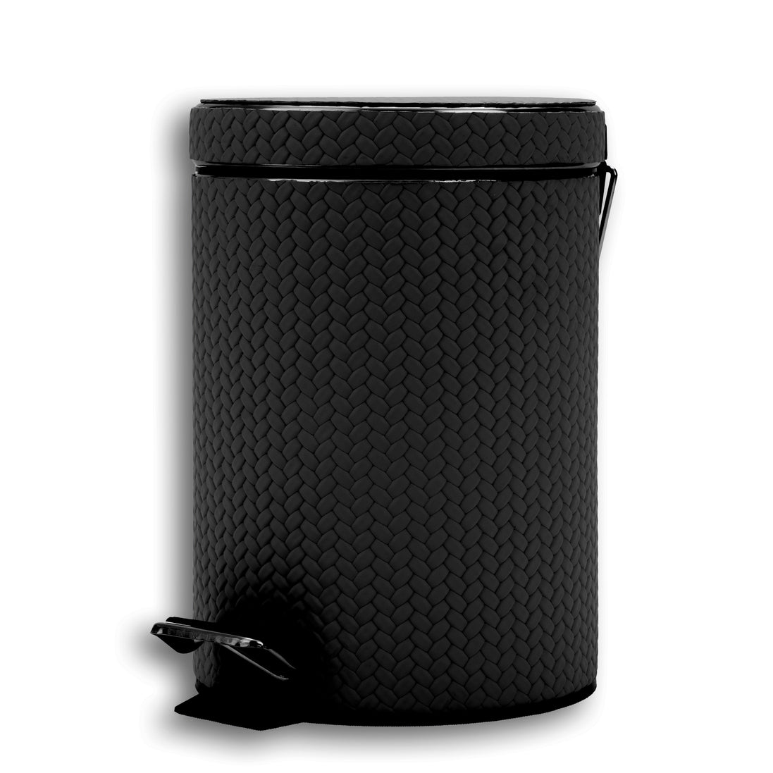 The black 3 litre bin from the right, chrome lid hinge arm rising behind the leather-covered body