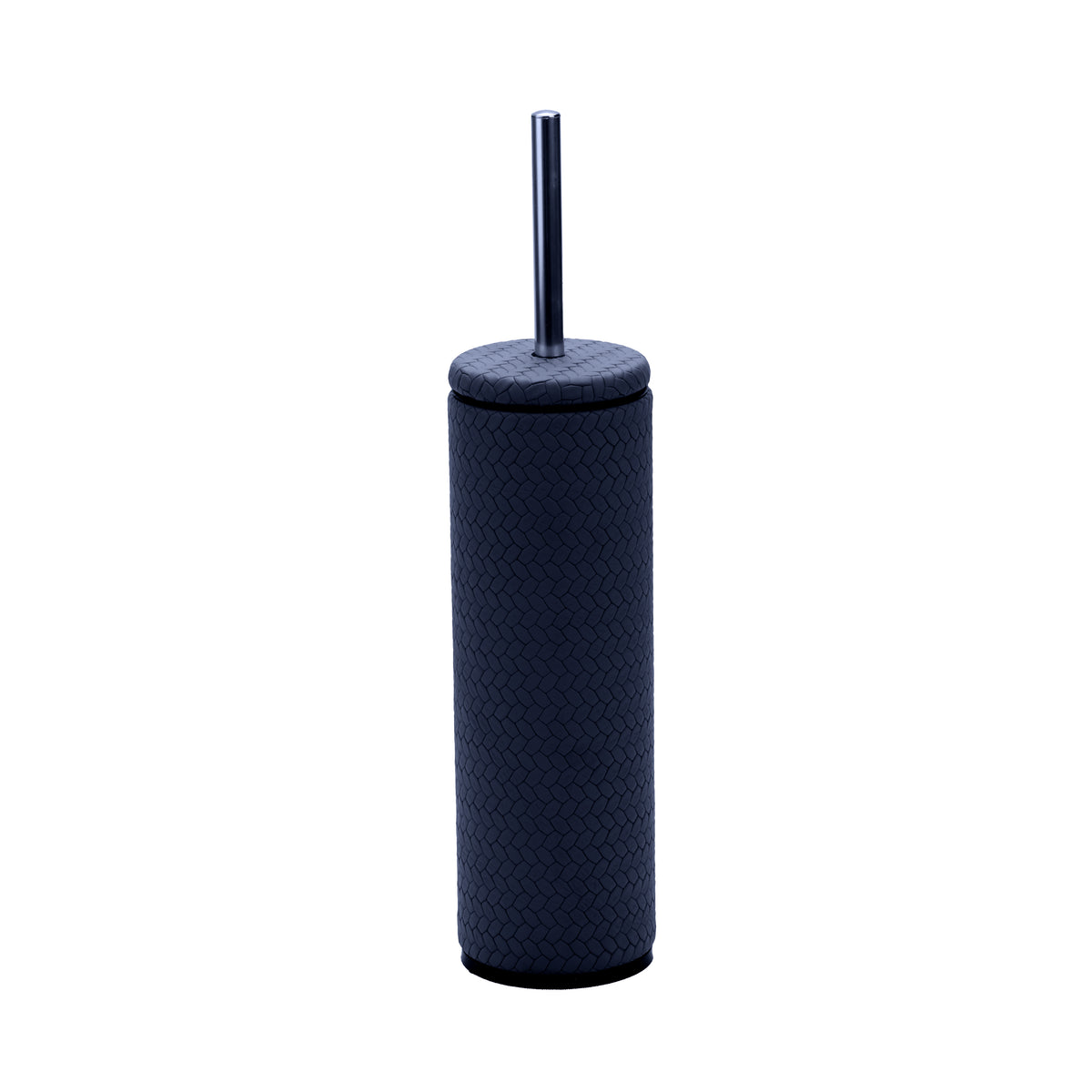 Navy leather cylinder 8.5 cm across, the brush angled out to show the woven emboss on its cap