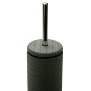 Top of the 8.5 cm wide holder, a leather-covered disc lid seated where the steel rod passes through
