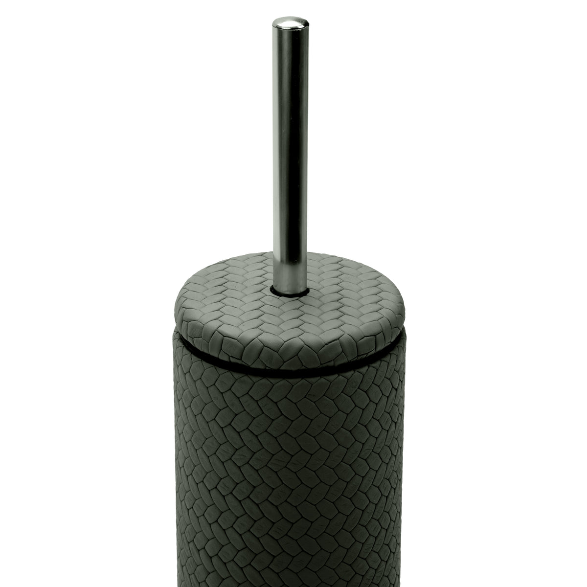Top of the 8.5 cm wide holder, a leather-covered disc lid seated where the steel rod passes through