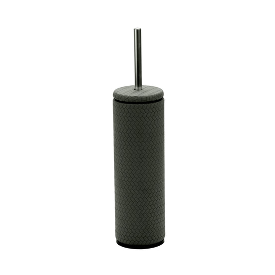 Dark grey-olive toilet brush holder 27.5 cm tall, the brush lifted out on its steel rod beside it