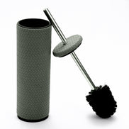 Grey leather holder beside its lifted brush, leather disc lid sliding on the steel rod, 27.5 cm tall
