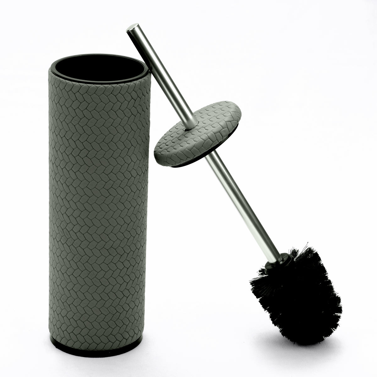 Grey leather holder beside its lifted brush, leather disc lid sliding on the steel rod, 27.5 cm tall