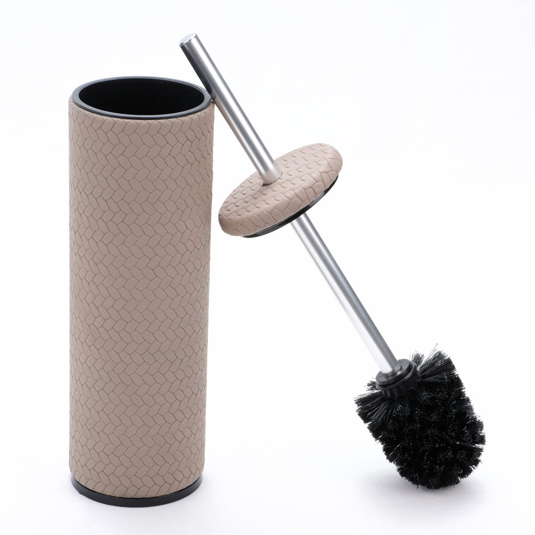 Taupe grey-brown holder, the leather disc seated midway up the steel rod