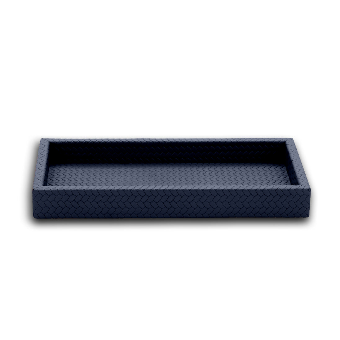 Navy mini tray, the woven leather turning over the rim and down the outer face