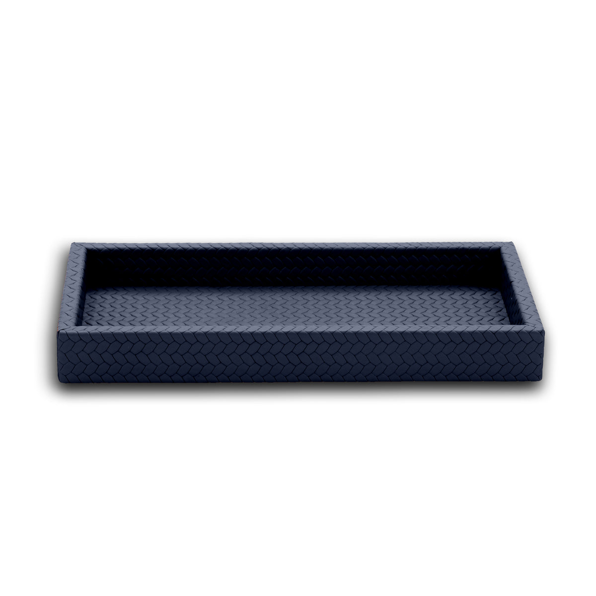 Navy mini tray, the woven leather turning over the rim and down the outer face