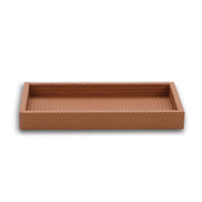 Terracotta tan leather tray, the mitred corner seam visible where two walls meet