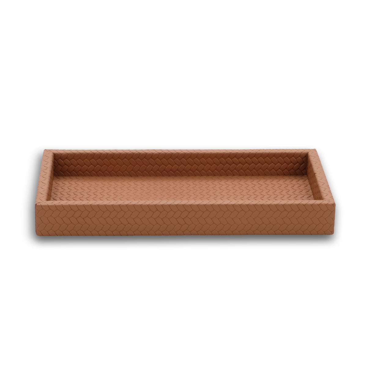 Terracotta tan leather tray, the mitred corner seam visible where two walls meet