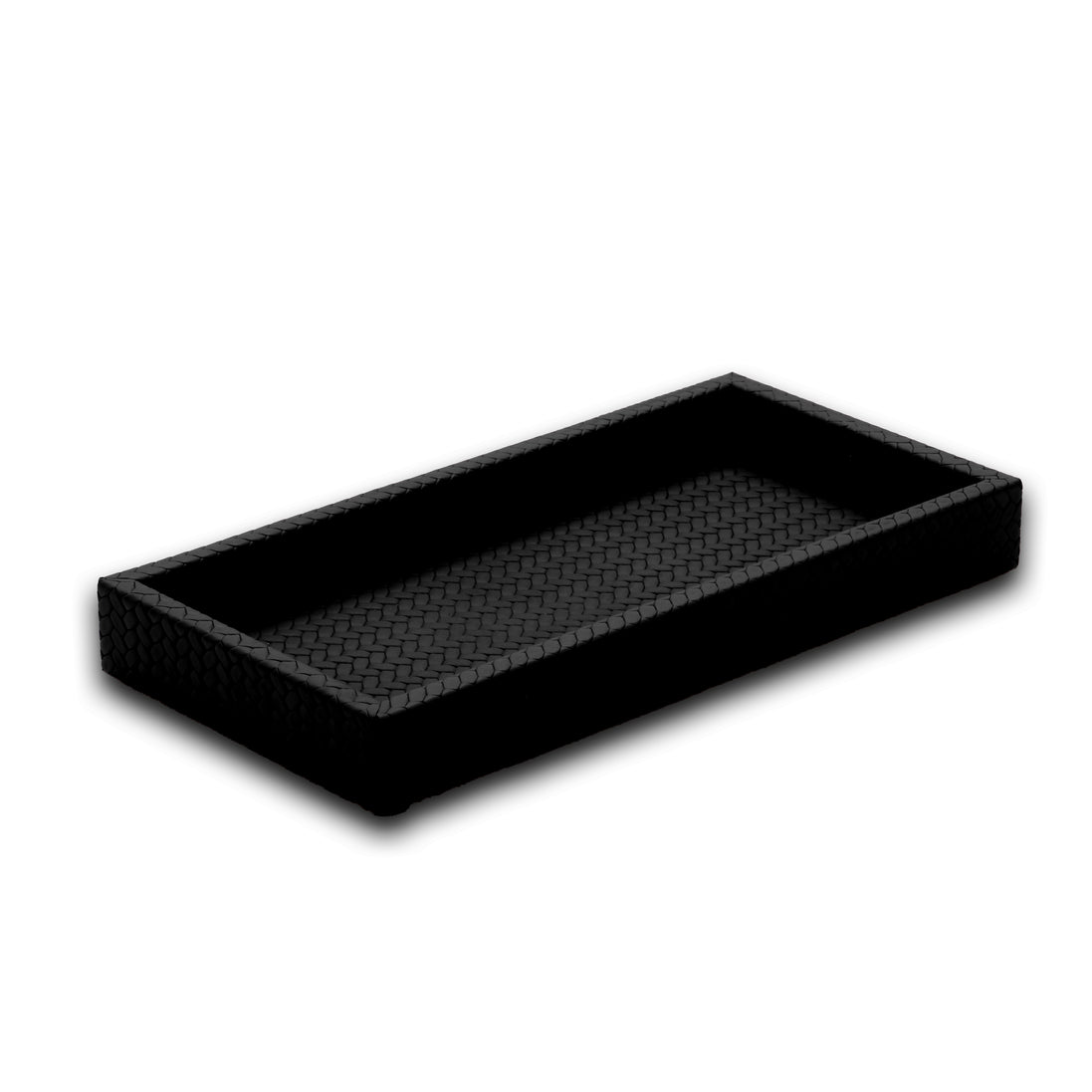 Black mini tray from above, its leather floor embossed with a diagonal weave inside a low rim
