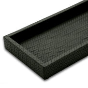 Corner of the 30 x 15 cm mini tray, woven leather carried over the 3.5 cm rim and down the outer wall to a mitred seam