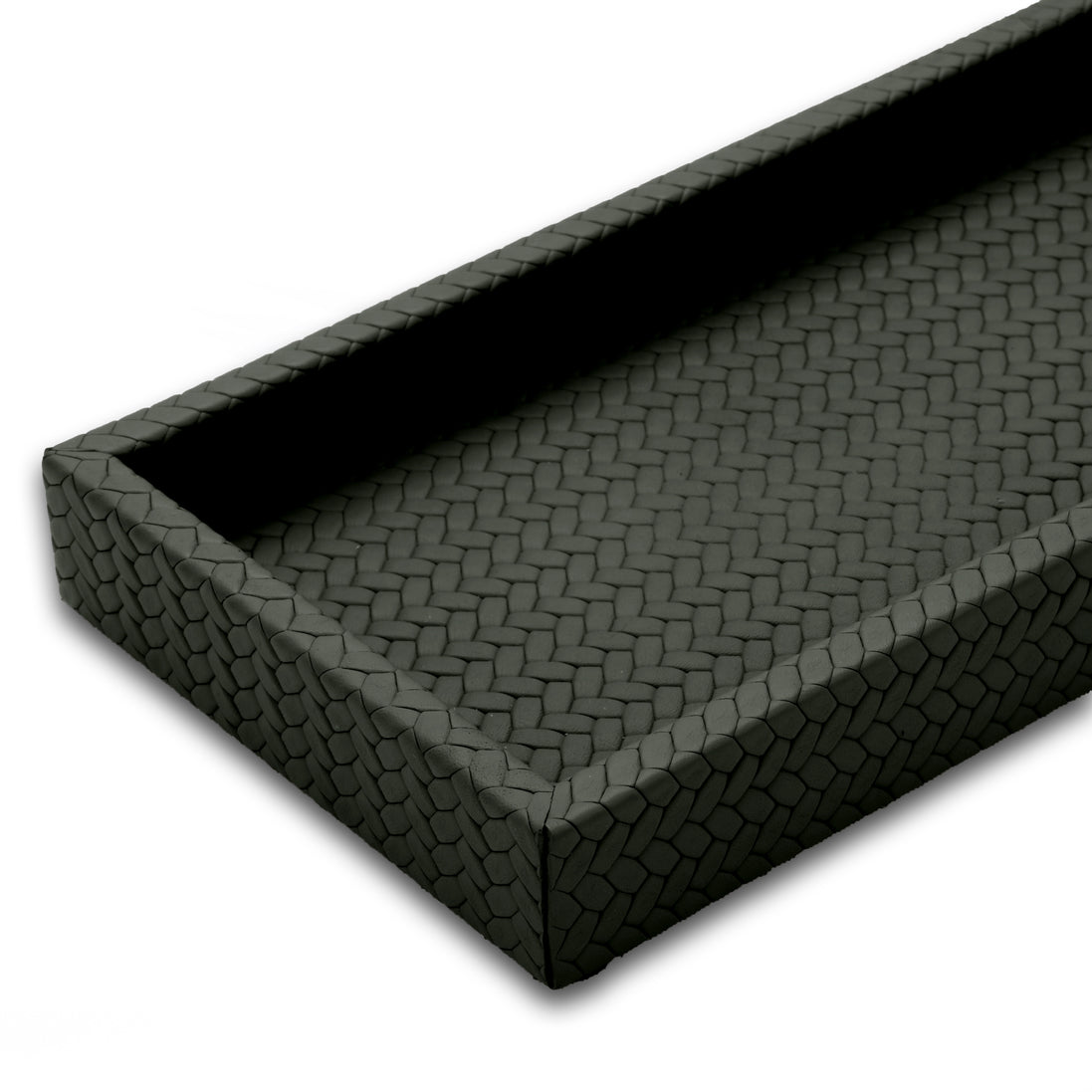 Corner of the 30 x 15 cm mini tray, woven leather carried over the 3.5 cm rim and down the outer wall to a mitred seam