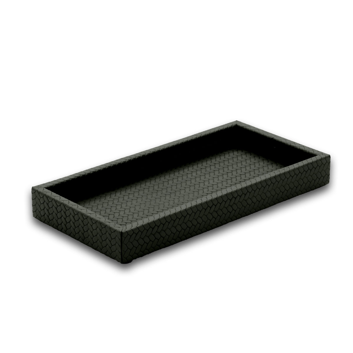 The 30 x 15 cm mini tray seen whole, the same leather weave carried across the base and up each 3.5 cm wall