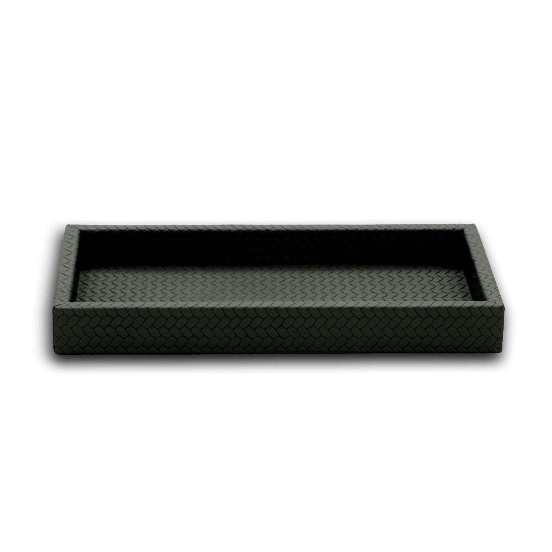Dark grey-olive 30 × 15 cm mini tray seen level, the plait running up the 3.5 cm wall