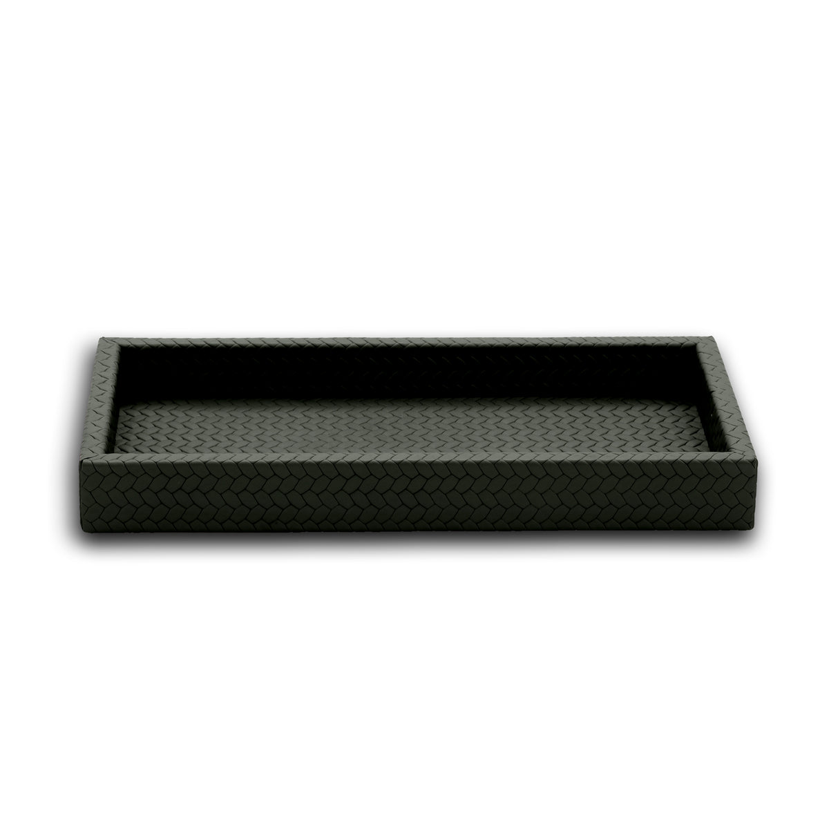 Dark grey-olive 30 × 15 cm mini tray seen level, the plait running up the 3.5 cm wall