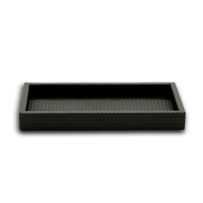 Dark grey-olive 30 × 15 cm mini tray seen level, the plait running up the 3.5 cm wall