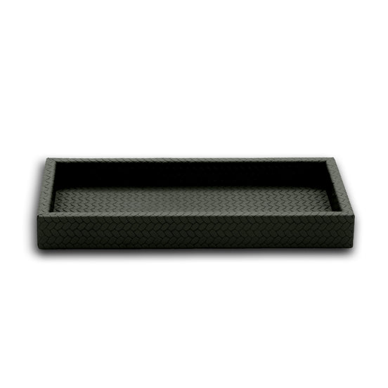 Dark grey-olive 30 × 15 cm mini tray seen level, the plait running up the 3.5 cm wall