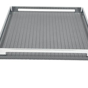 Grey 37 × 37 cm tray at a low angle, front rail raised above the woven leather floor
